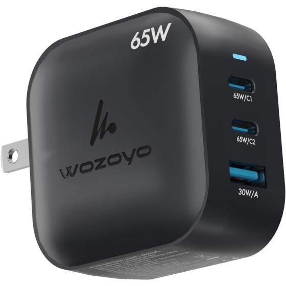 65W GaN Charger, Wozoyo 2XType-C & USB-A Superfast 2.0 Charging, Compatible for iPhone 17/16/16 Pro Max/15 Series/iPad Pro, Smartphones, Tablets and More, PD/PPS/QC 3.0,Compact Fol
