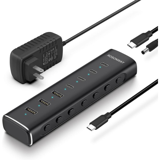 Rosonway 7 Ports Powered USB 3.2/USB C Hub 10Gbps with 4 USB-C 3.2, 3 USB-A 3.2 Ports, 3.3ft Cable and 36W(12V/3A) Power Adapter, Aluminum USB Splitter for Laptop, RSH-H7C4