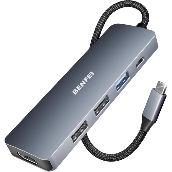 BENFEI USB C Hub 5-in-1 with 4K HDMI(Certified), 100W Power Delivery, 3 USB-A, Silicone Cable, Aluminum Case Compatible with MacBook Pro/Air, iPad Pro, iMac, iPhone 15 Pro/Pro Max,