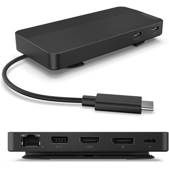 Lenovo USB-C Dual Display Travel Dock - 7 Ports, Integrated Cable, Universal Compatibility, Two displays at 4K - Black
