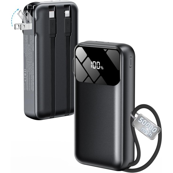 Portable Charger 50000mAh, Power Bank with Built-in Cables & Wall Plug