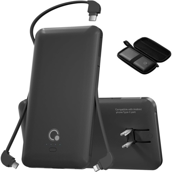 Brand Q Portable Charger with Built-in Cables and AC Wall Plug,Slim USB C Travel Essential Power Bank 10000mAh,External Battery Pack Compatible with iPhone,Samsung,Tablet and All S