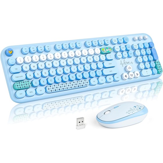 MOFII Wireless Keyboard and Mouse Combo, Cute Retro Typewriter Keyboard and Silent Mouse, 2.4GHz Full Size Computer Keyboard Wireless Mouse Set for PC, Laptop, Desktop, Windows (Bl